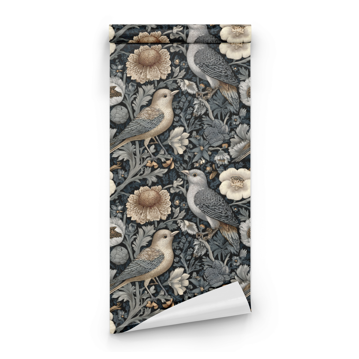 Grey Floral Wallpaper roll preview showing the finch detail and the charcoal Victorian floral drawing in fine line work