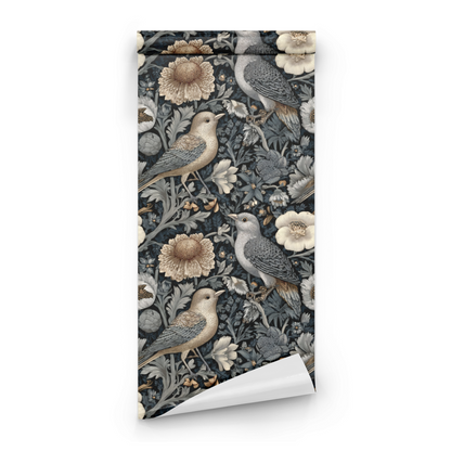 Grey Floral Wallpaper roll preview showing the finch detail and the charcoal Victorian floral drawing in fine line work