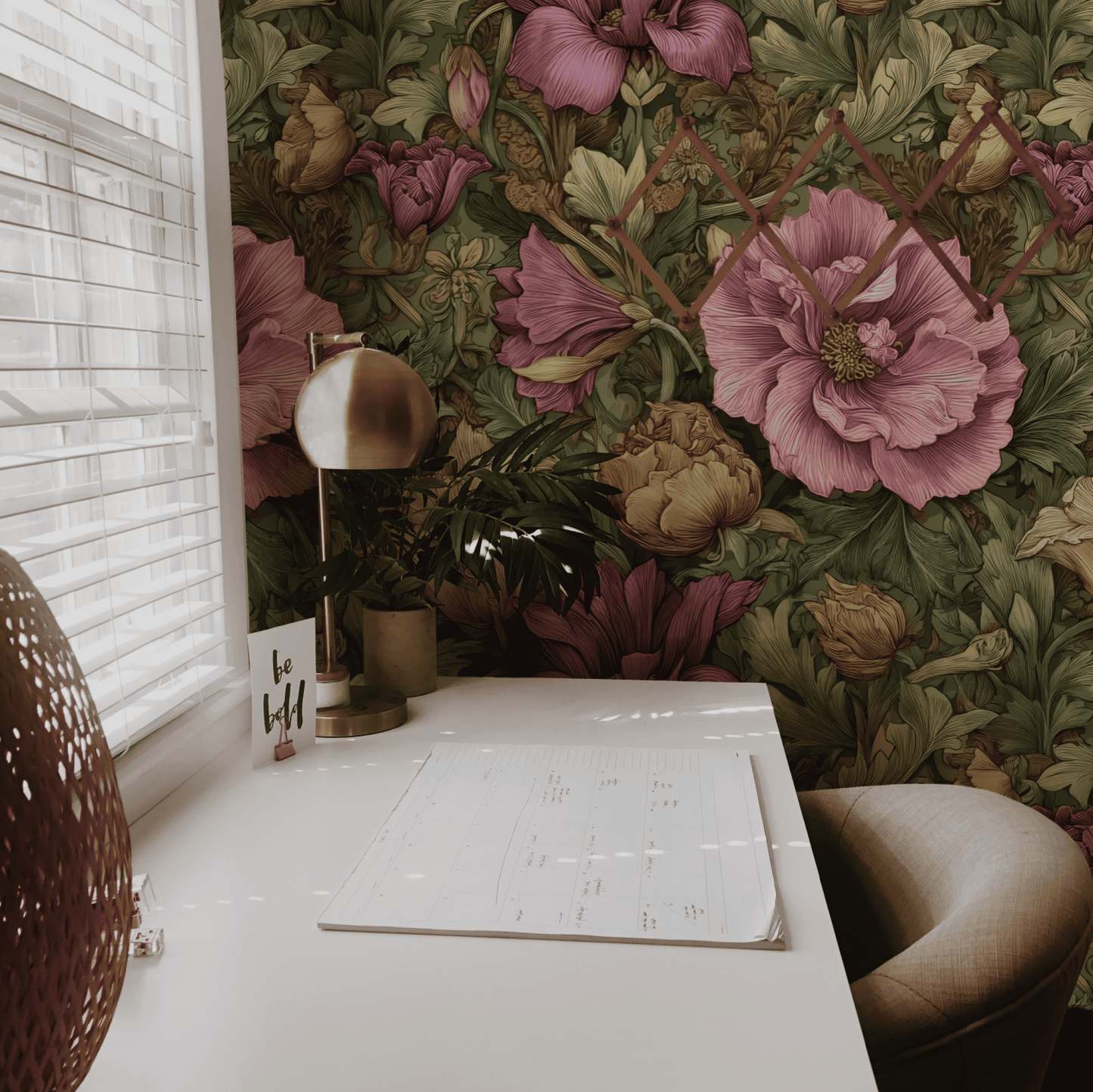 A desk with a planner, lamp, and plant sits by a window with blinds; the wall features Petal Whimsy Wallpaper, adding bold pink and green floral patterns for a lively touch.