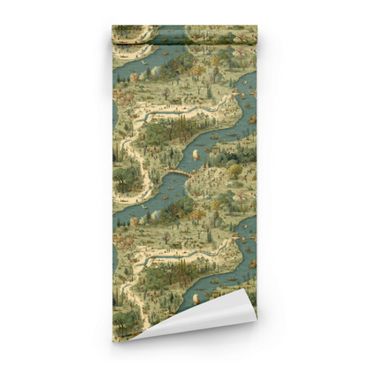 Green Toile Wallpaper roll preview showing the cartography map detail in scenic green toile line work