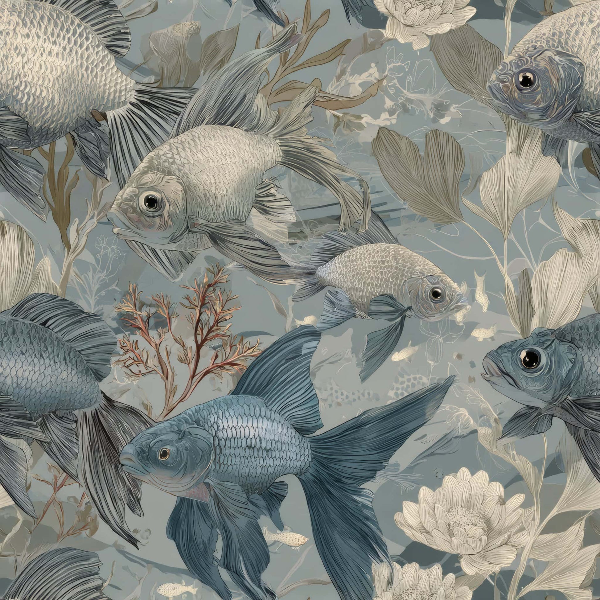 Wallpaper featuring blue and silver fish with botanical elements on a muted blue background.