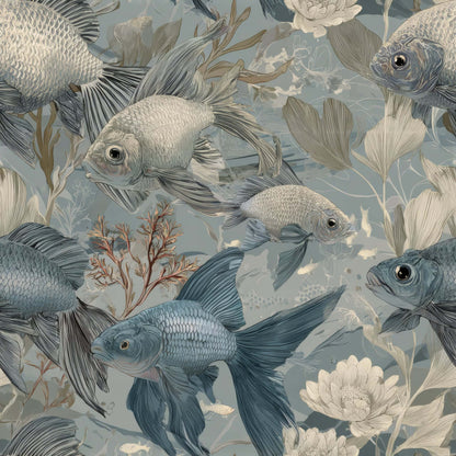 Wallpaper featuring blue and silver fish with botanical elements on a muted blue background.