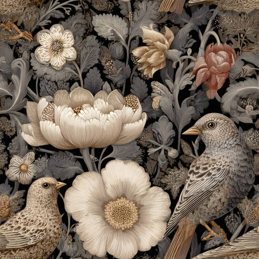 Floral and bird pattern with beige and earthy tones on a dark background.