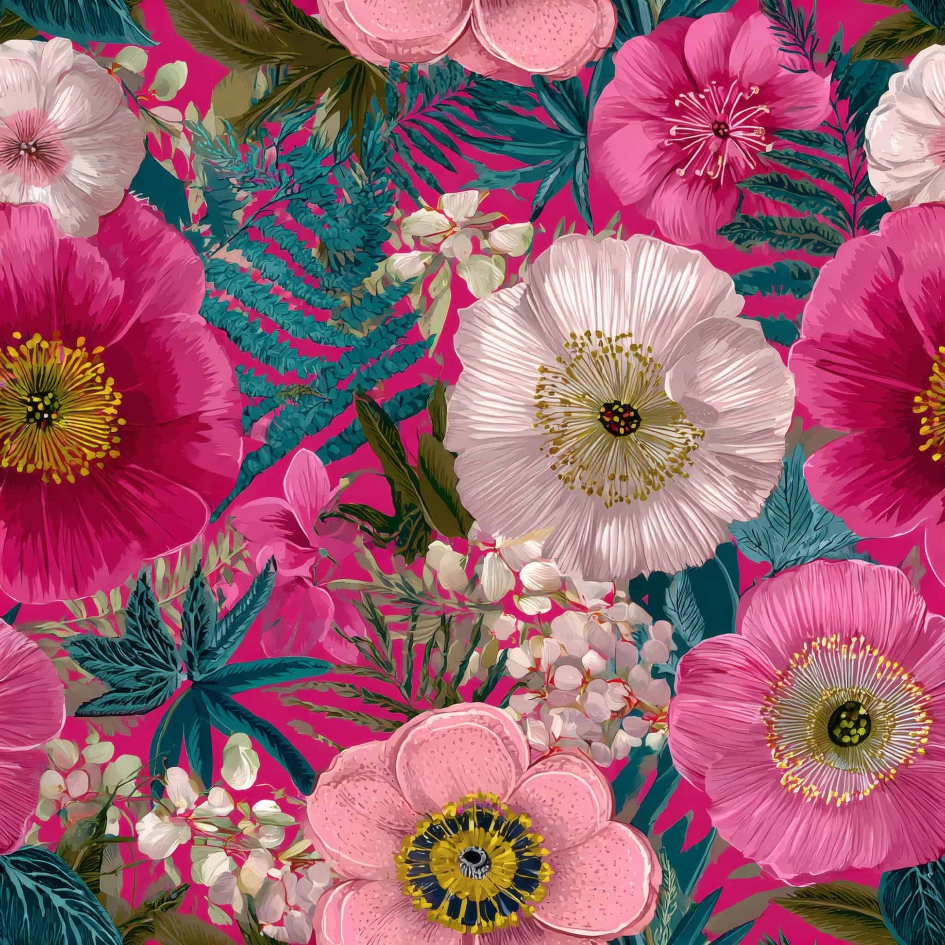 Vibrant floral pattern with lush pink blooms and teal foliage on a lively background.