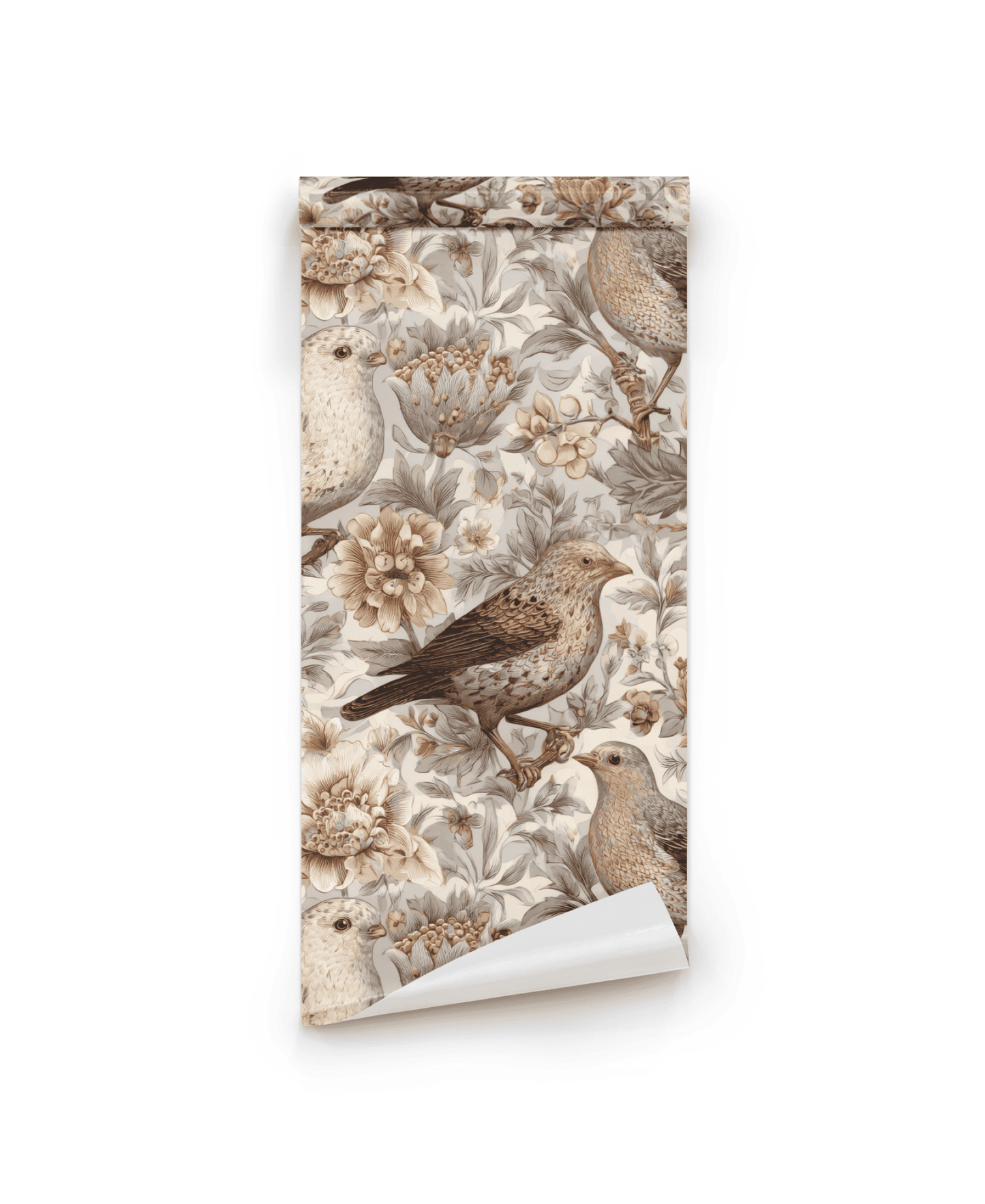Lark Serenade Wallpaper: a rolled sheet featuring elegant birds and florals in soft sepia tones on a light background.