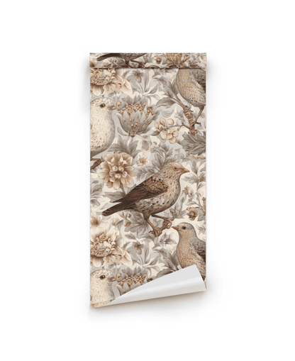 Lark Serenade Wallpaper: a rolled sheet featuring elegant birds and florals in soft sepia tones on a light background.