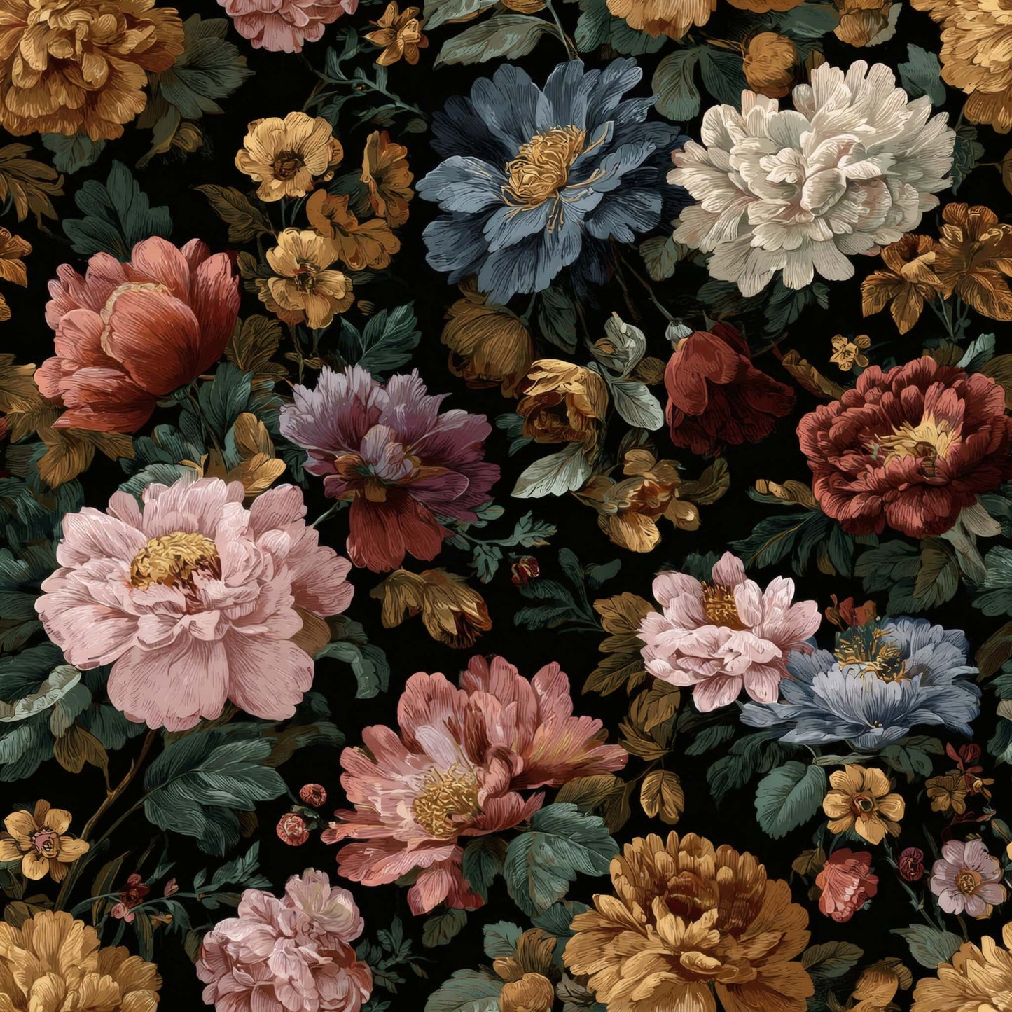 Floral wallpaper with richly colored blooms and dark background.