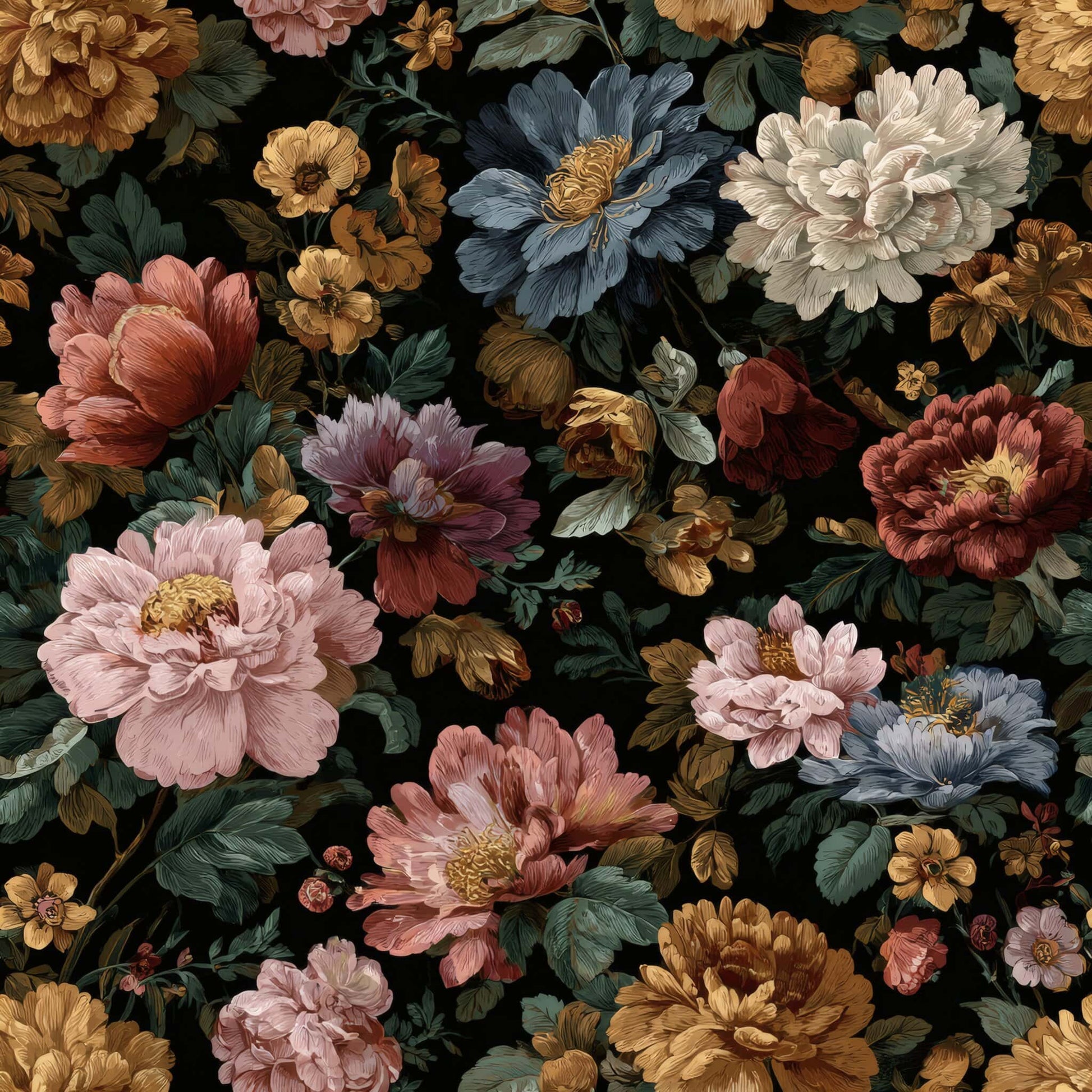 Floral wallpaper with richly colored blooms and dark background.