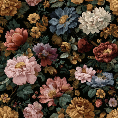 Floral wallpaper with richly colored blooms and dark background.