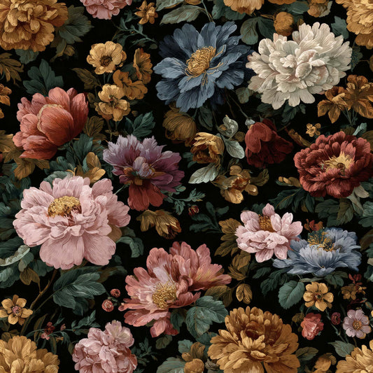 Floral wallpaper with richly colored blooms and dark background.