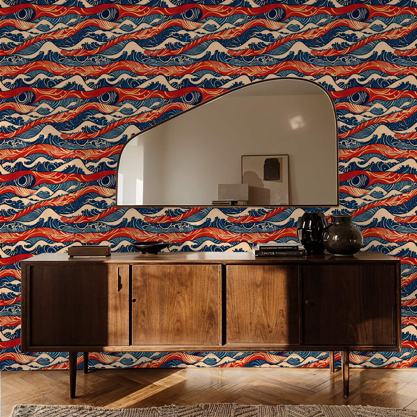 Wave Indigo Retro Wallpaper