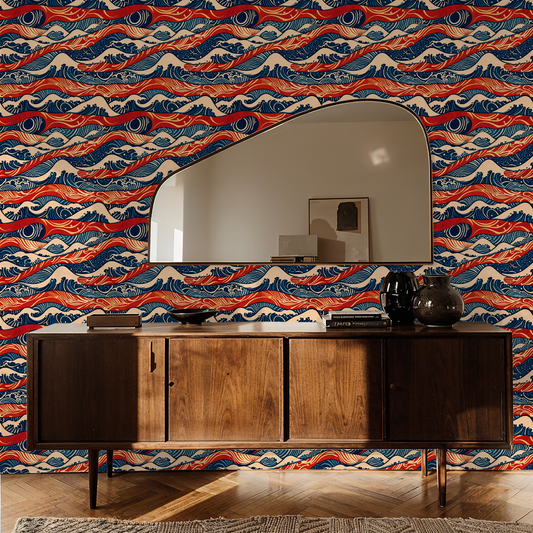 Wave Indigo Retro Wallpaper