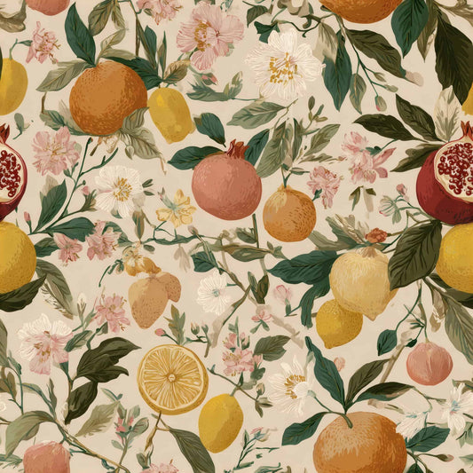 Floral and citrus fruit pattern with oranges, lemons, and flowers on a cream background.