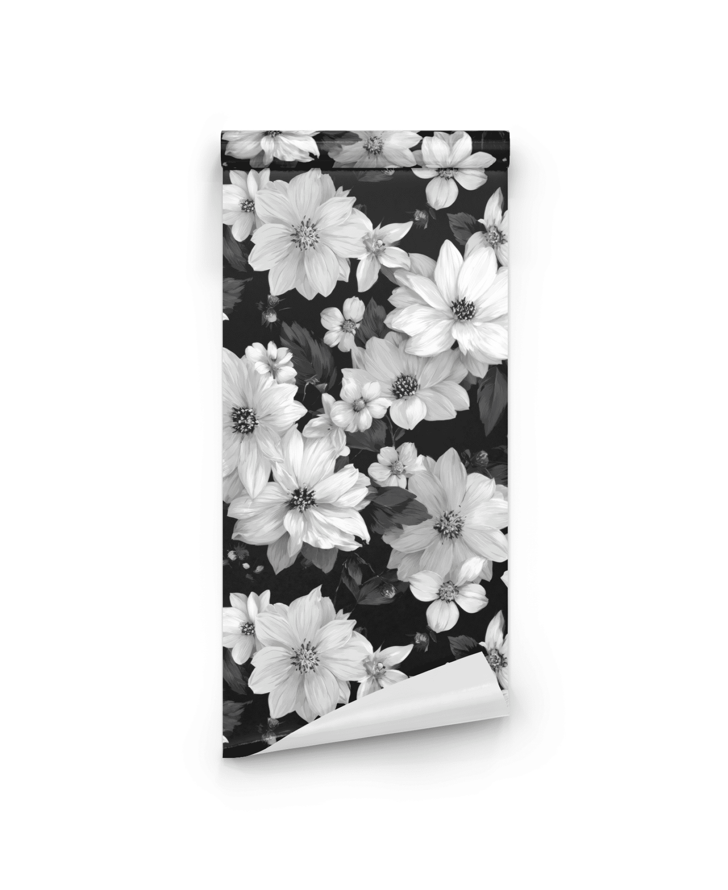Monochrome Blossom Wallpaper: Elegant black and white floral design with large, detailed flowers and leaves for a timeless look.