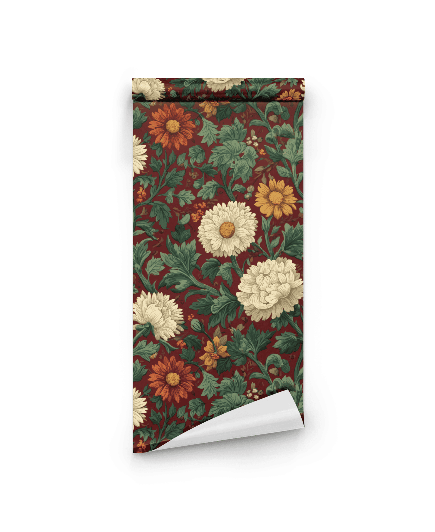 Crimson Blossoms Wallpaper features a vintage floral pattern with cream, yellow, and orange flowers and green leaves on a rich crimson background.