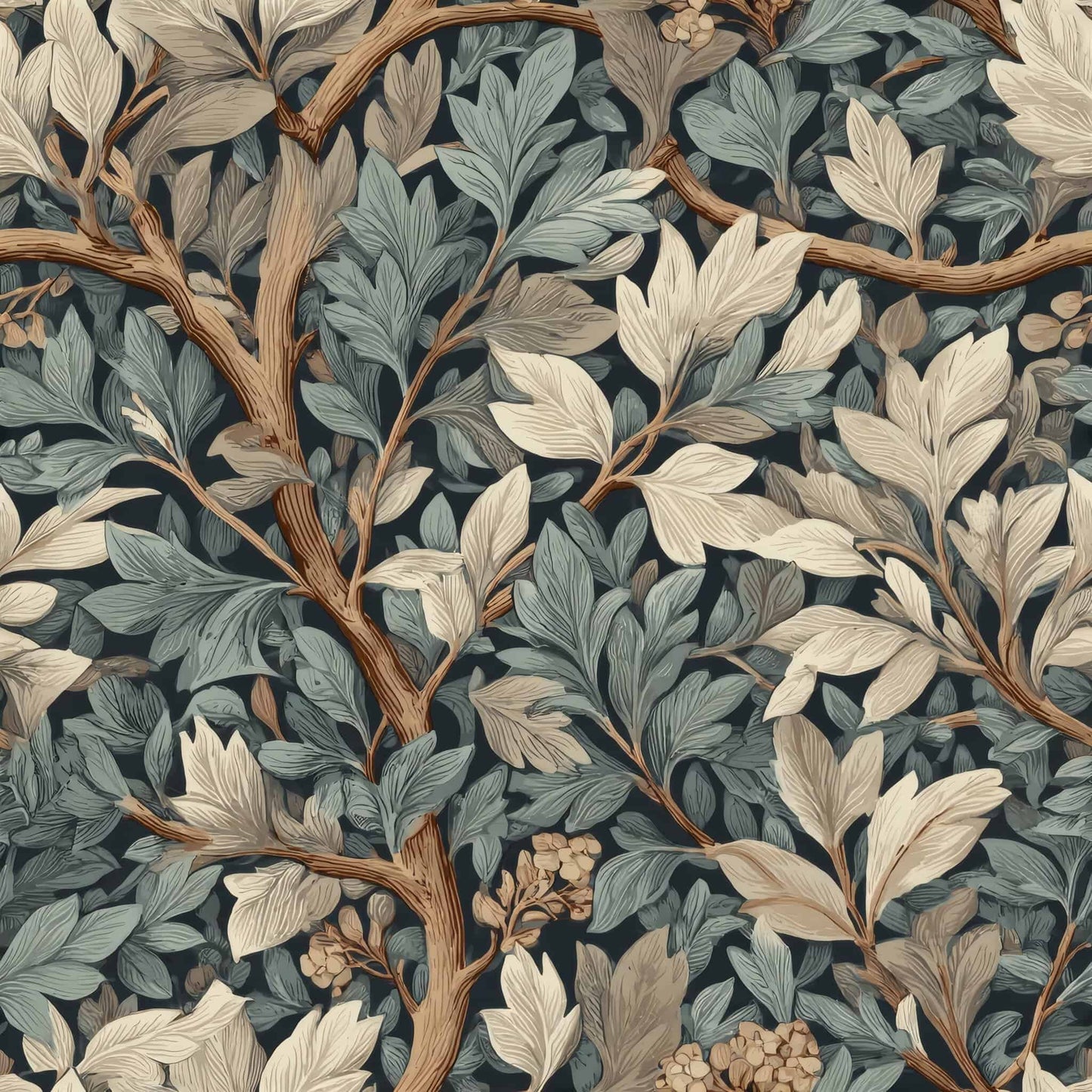 Intricate leaf pattern with earthy tones and brown branches on a dark background.