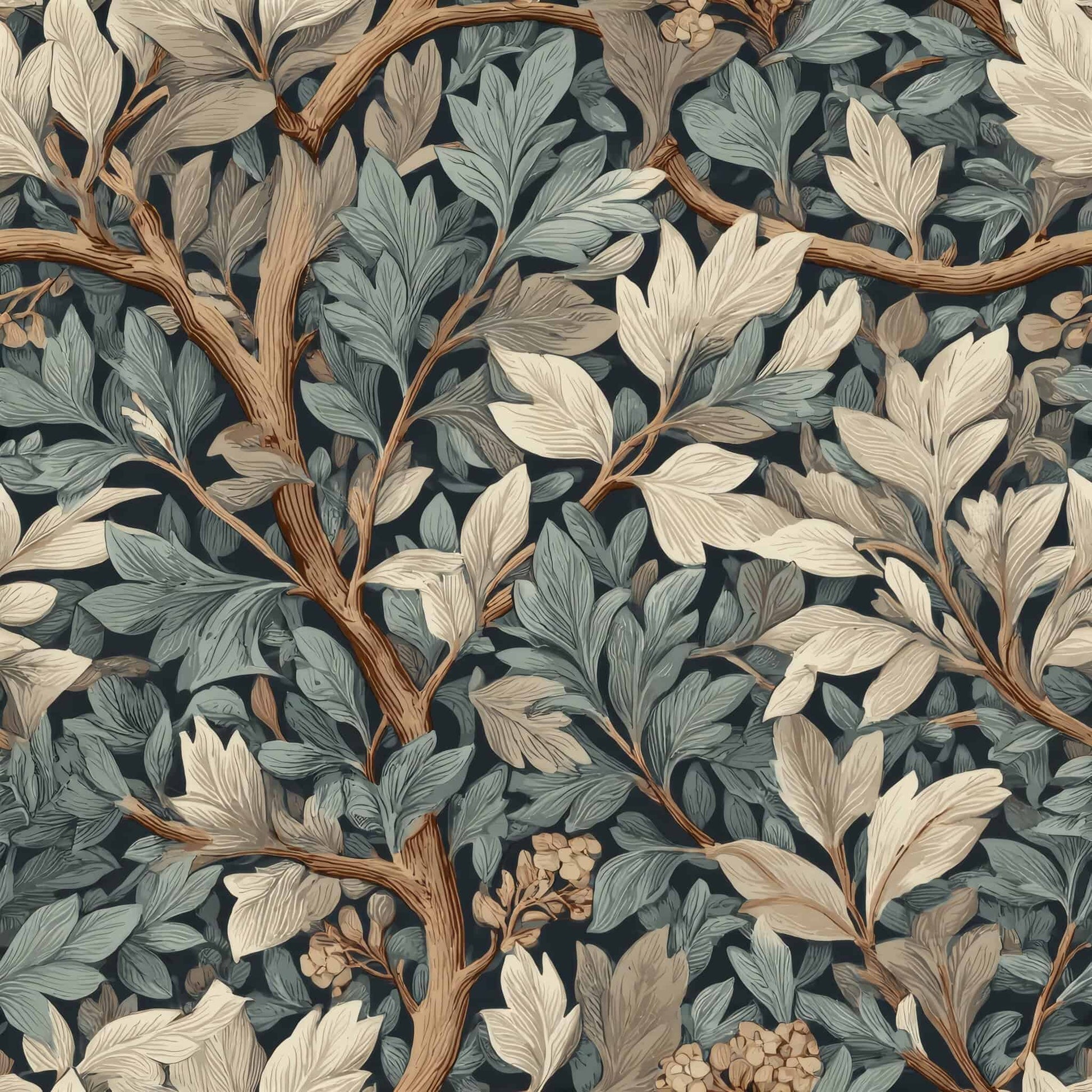 Intricate leaf pattern with earthy tones and brown branches on a dark background.