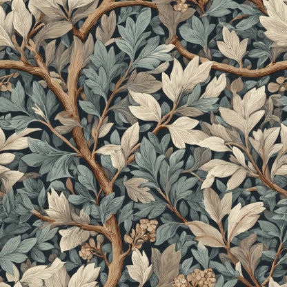 Intricate leaf pattern with earthy tones and brown branches on a dark background.