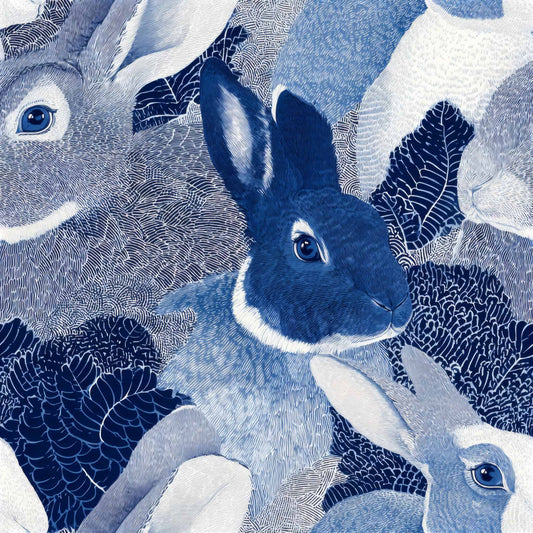 Wallpaper featuring detailed blue rabbits in various shades of blue with intricate patterns.