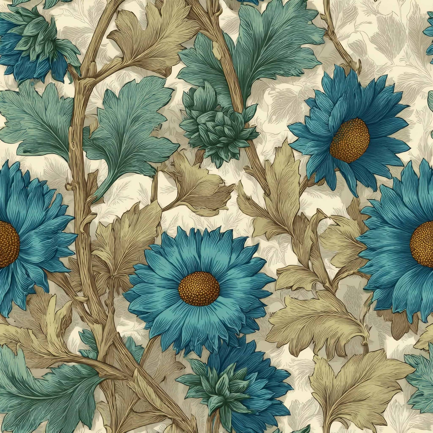 Wallpaper with azure blue floral design and beige leaves on a neutral background.