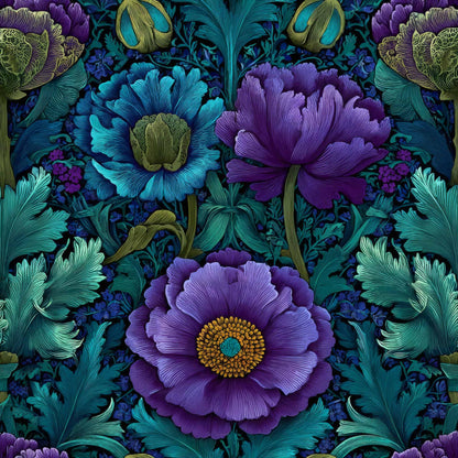 Intricate floral wallpaper with lush blue and purple flowers and green leaves.