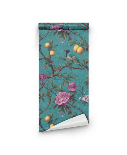 Eden Blooms Wallpaper showcases a turquoise canvas adorned with exotic blooms, yellow fruits, green leaves, and a small bird—ideal for adding a lush touch to any room.