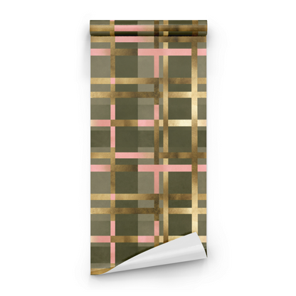 Green Geometric Wallpaper roll close-up showing the metallic plaid pattern in close green geometric detail