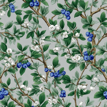 Wallpaper featuring green leaves, white blossoms, and blue berries on a soft background.
