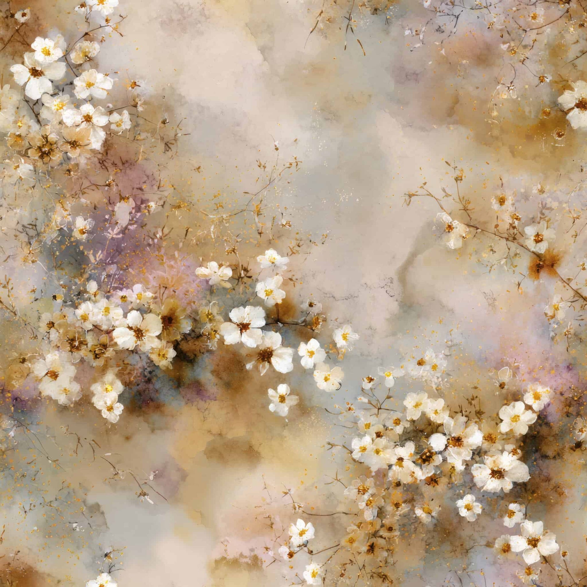 Watercolor wallpaper featuring delicate white blossoms on a blend of soft pastel and earthy tones.