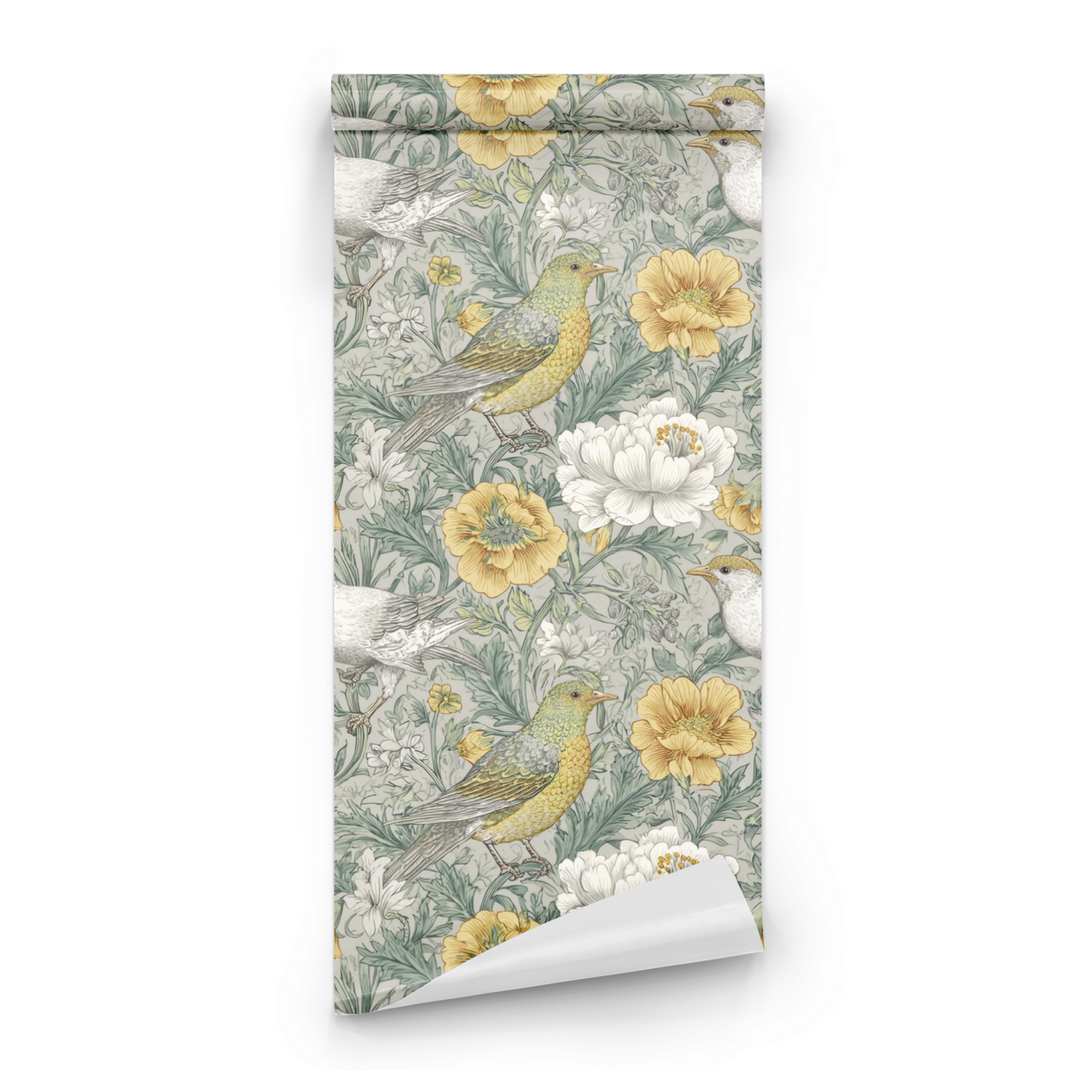 Green Floral Wallpaper roll preview showing the songbird-and-floral drawing in green chinoiserie with golden accents in close detail