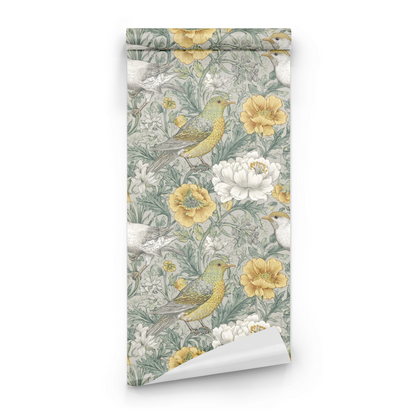 Green Floral Wallpaper roll preview showing the songbird-and-floral drawing in green chinoiserie with golden accents in close detail