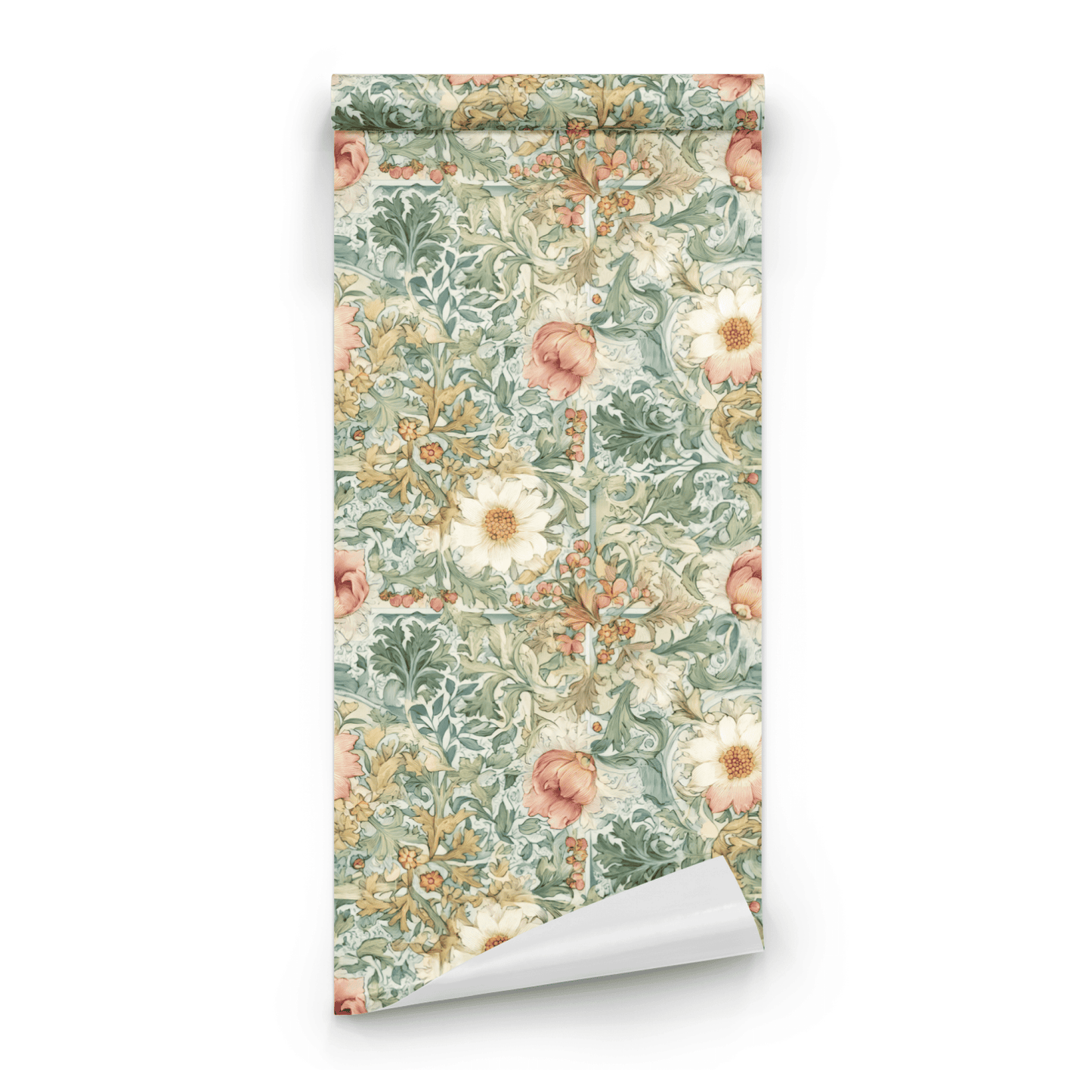 Green Floral Wallpaper roll preview showing the clover botanical drawing in green-and-indigo Victorian detail