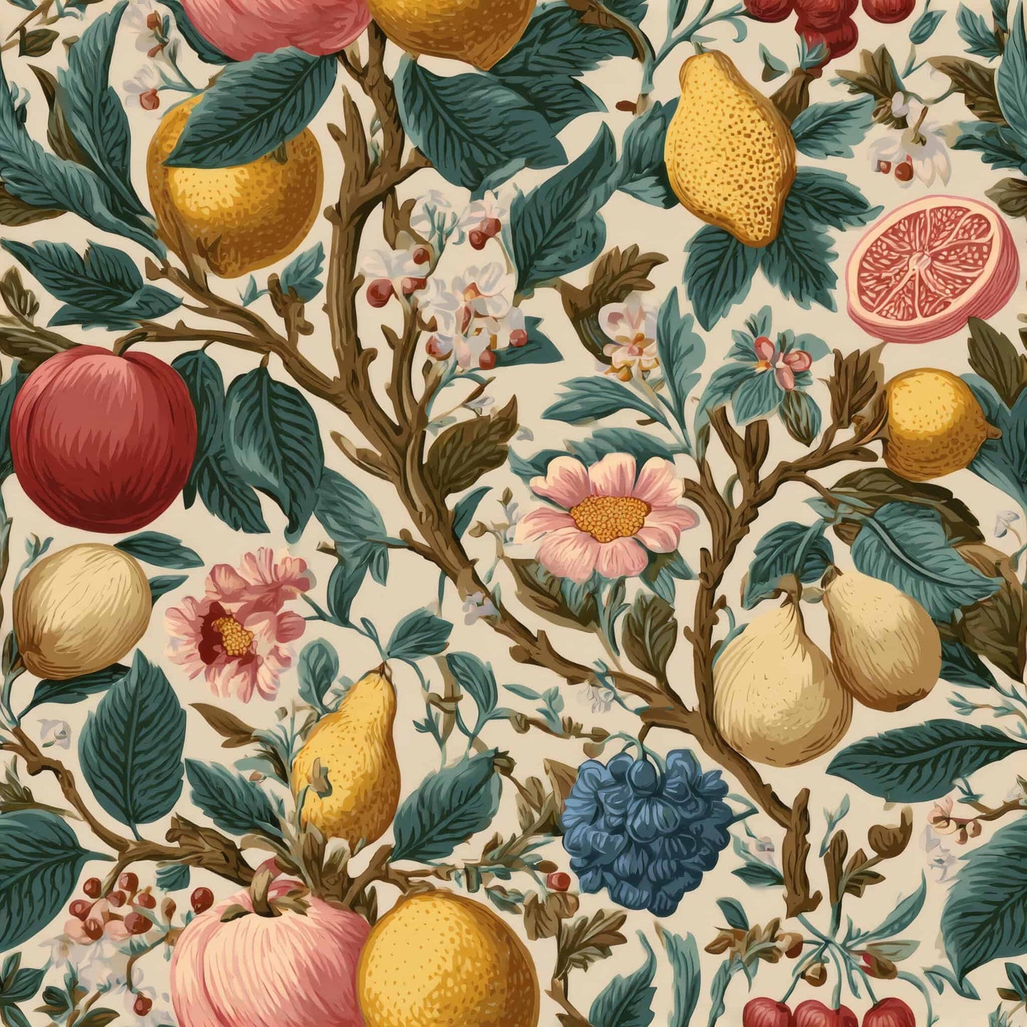 Wallpaper pattern with citrus fruits, flowers, and green leaves on a cream background.