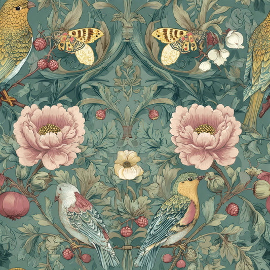 Wallpaper with vibrant birds and flowers on a green background.