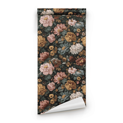 Black Floral Wallpaper roll preview showing the peony flower drawing in moody handling on the deep black Victorian ground