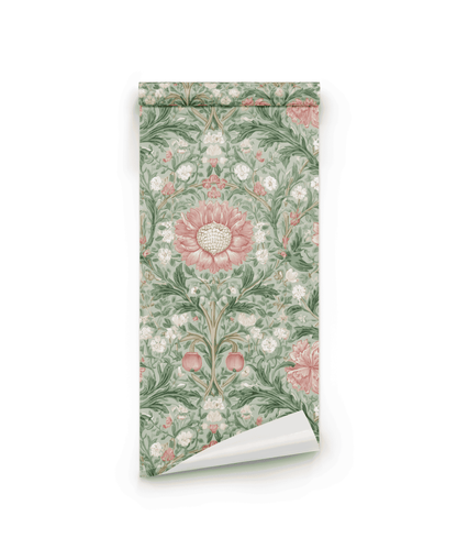 The Eden Blossom Wallpaper features blooming flowers in green, pink, and white with a large central bloom and detailed leaves and vines.