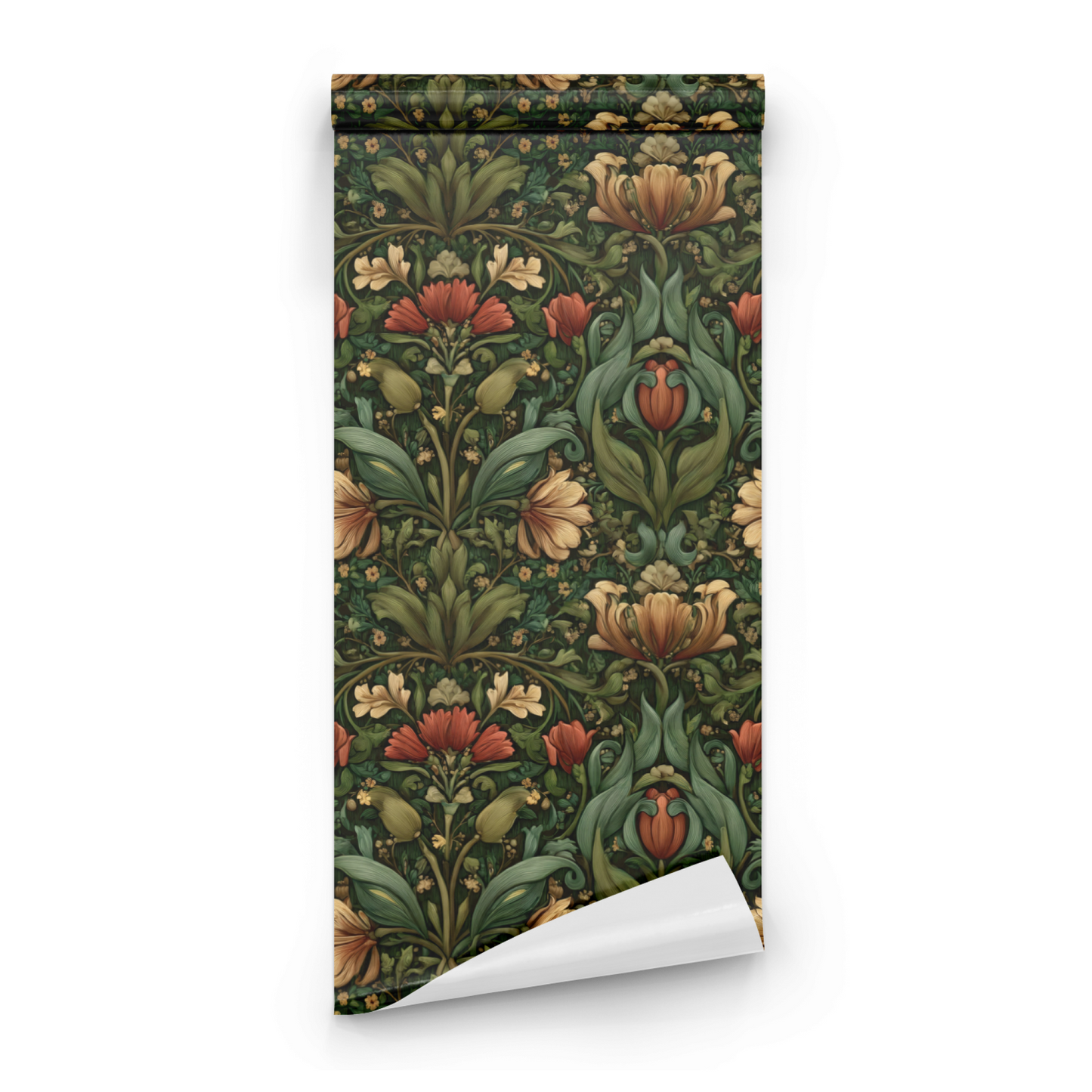 Green Floral Wallpaper roll preview showing the tulip drawing in close verdant green Victorian Arts and Crafts detail