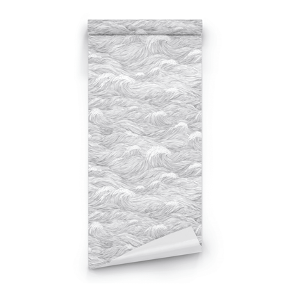 Grey Abstract Wallpaper roll preview showing the ocean wave drawing in close grey linear abstract detail