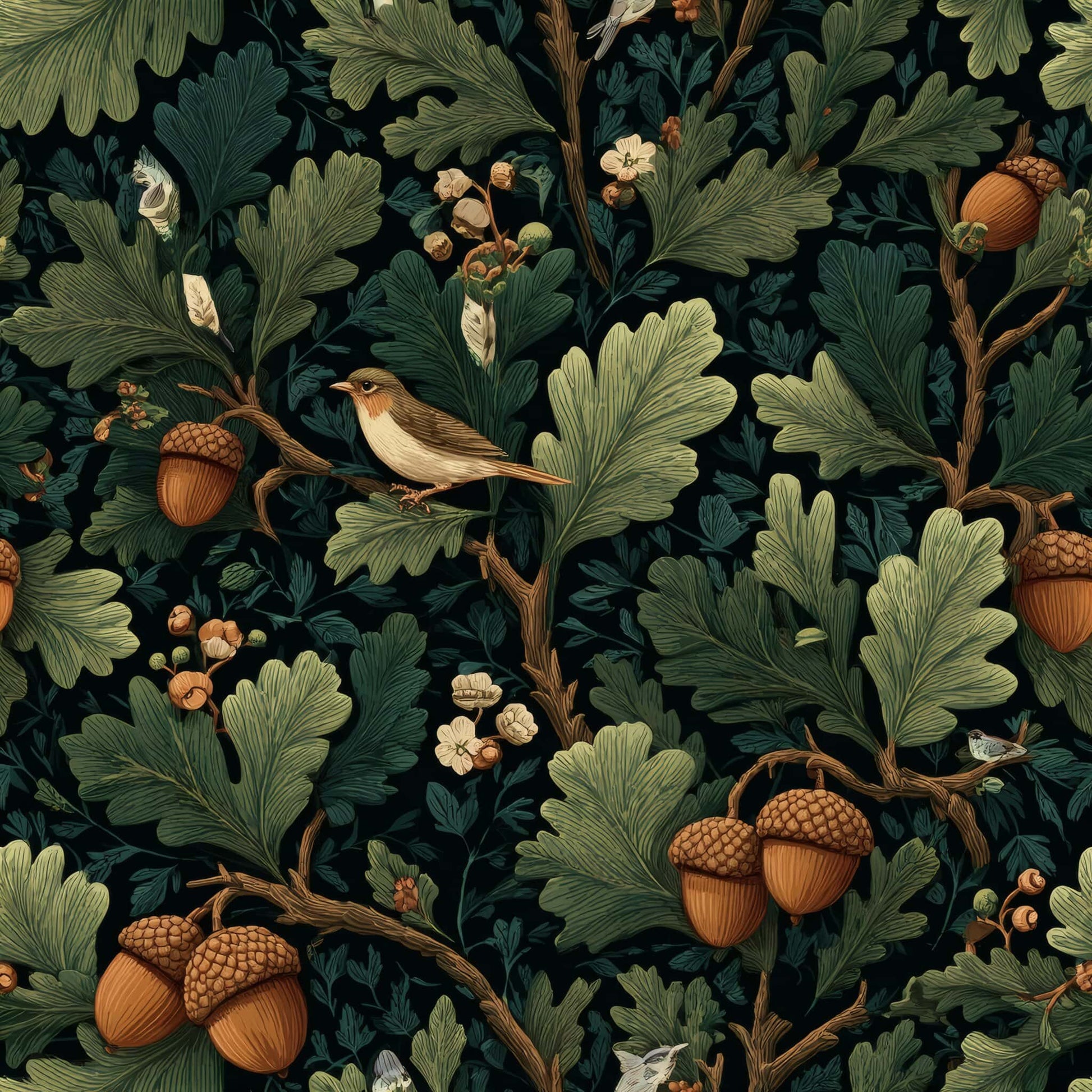 Wallpaper with detailed oak leaves, acorns, and birds in dark green and brown hues.