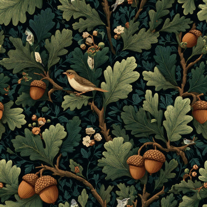 Wallpaper with detailed oak leaves, acorns, and birds in dark green and brown hues.