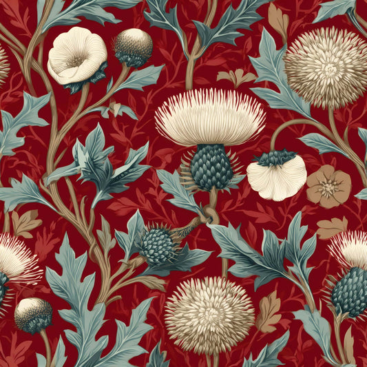 Botanical wallpaper with thistle and floral patterns in red, cream, and green tones.