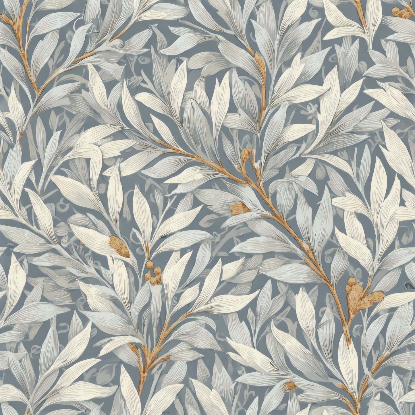 Botanical wallpaper with white leaves and burnt gold accents on a blue background.