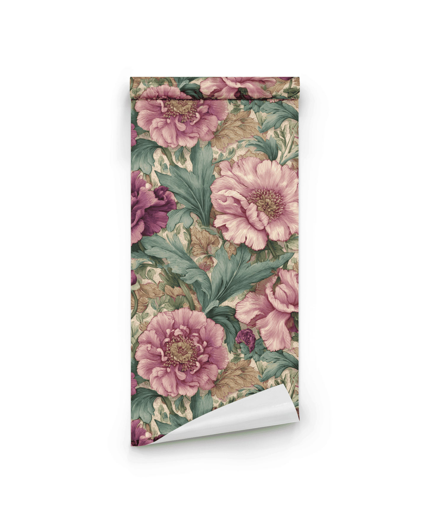 Peony Elegance Wallpaper showcases a vintage floral design with large soft pink and purple peonies and green leaves on a beige background, perfect for adding sophistication to any room.
