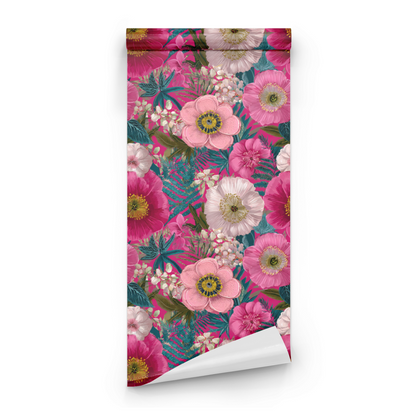 Pink Floral Wallpaper roll preview showing the fern-and-floral drawing in close soft fuchsia detail