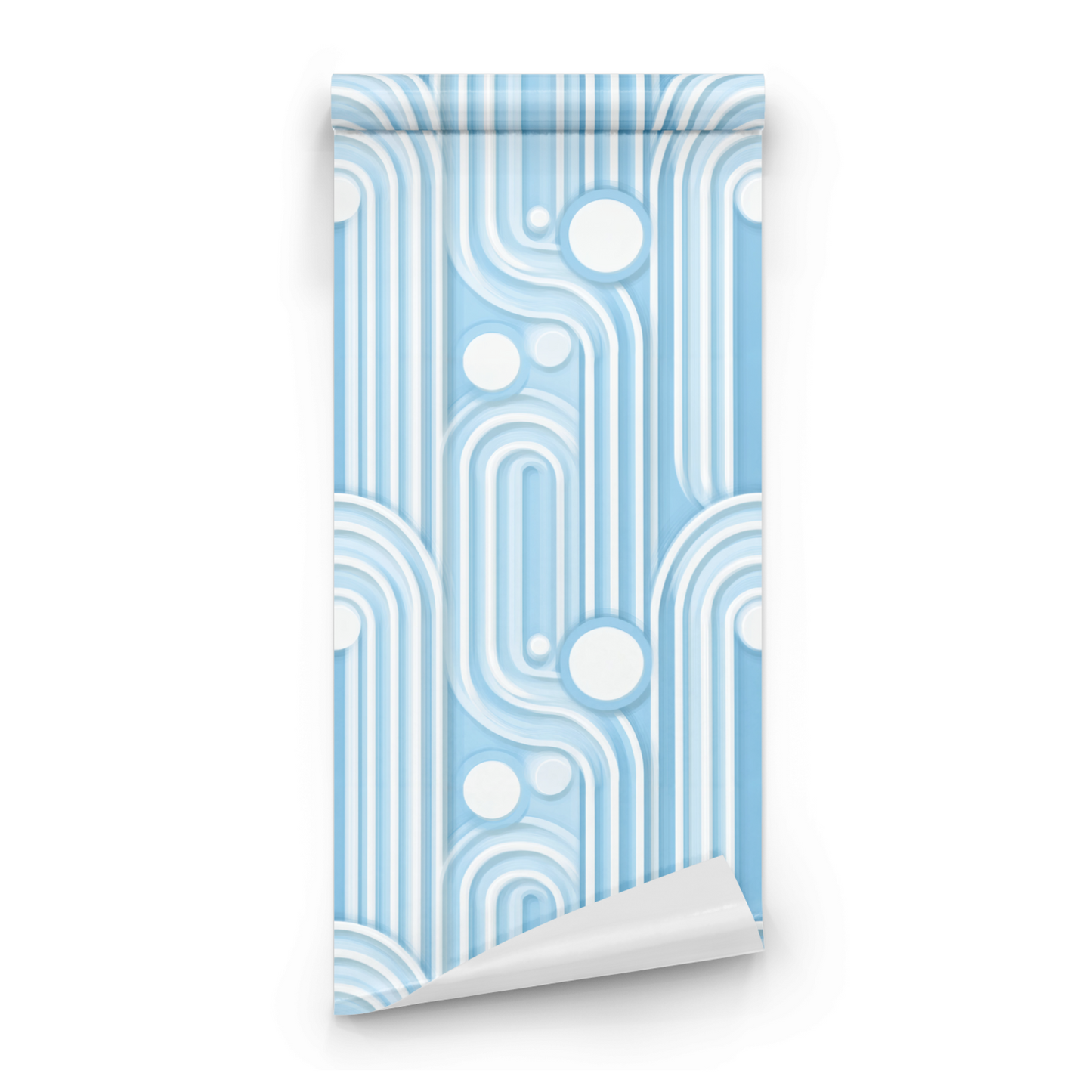 Blue Geometric Wallpaper roll close-up showing the arches geometric drawing in close sky blue Mid-Century detail