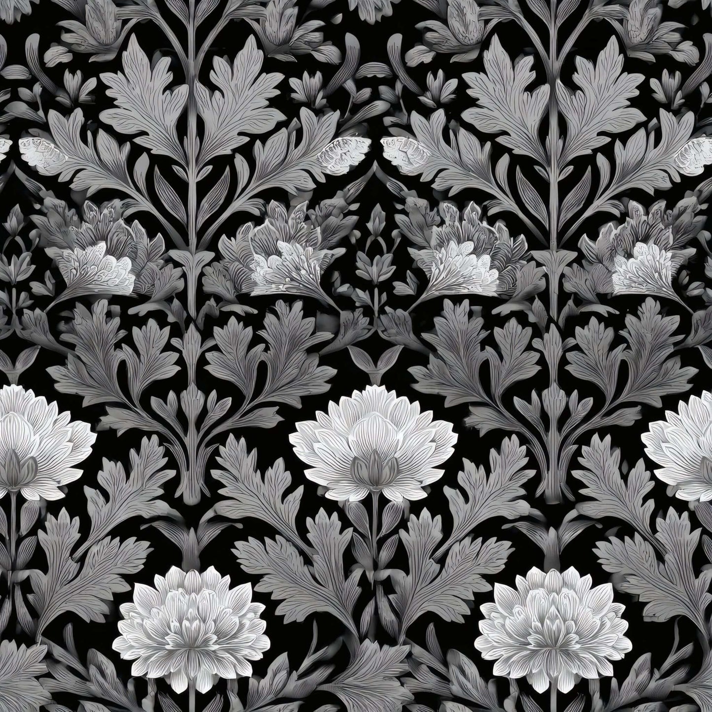Monochrome floral wallpaper with intricate chrysanthemum patterns on a black background.