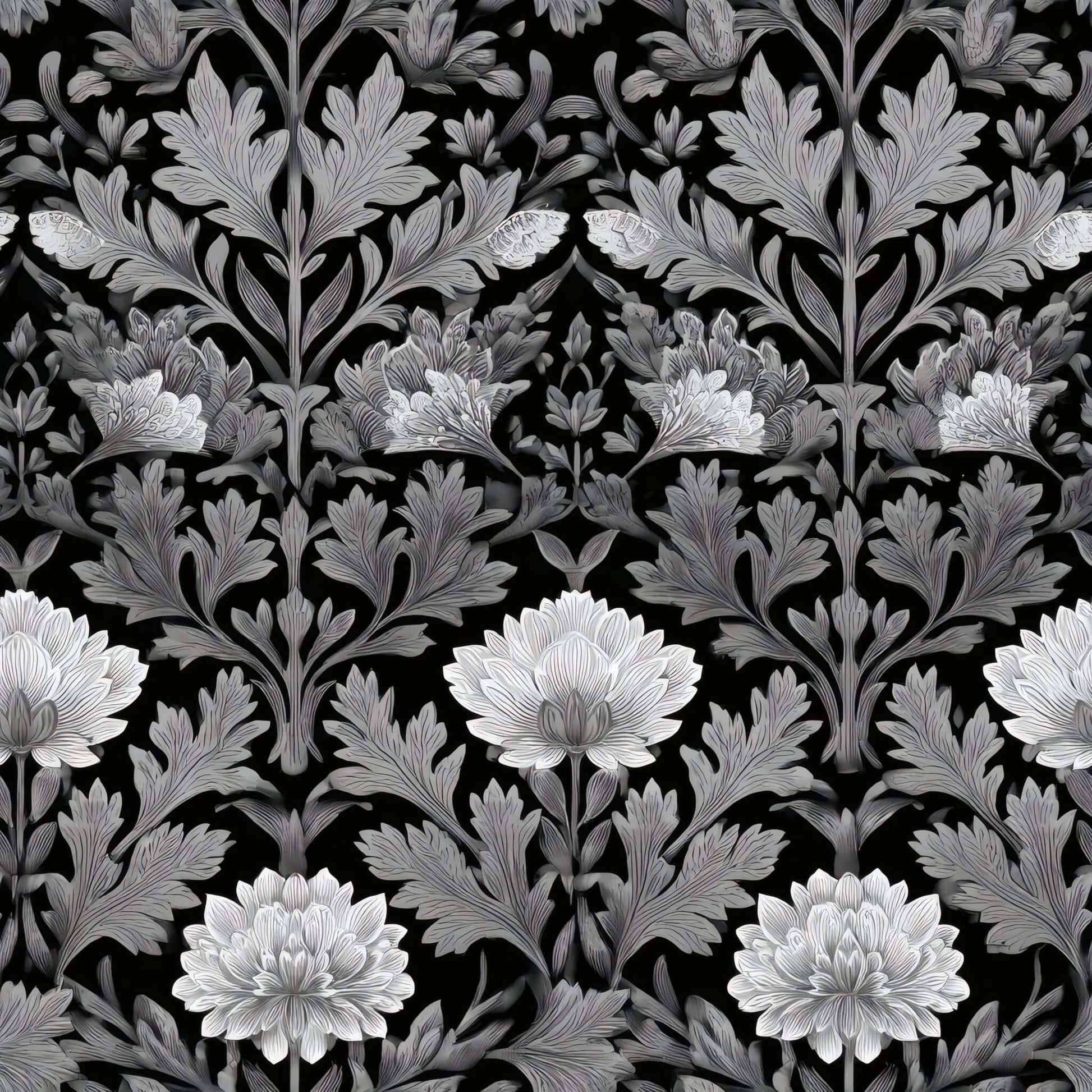 Monochrome floral wallpaper with intricate chrysanthemum patterns on a black background.