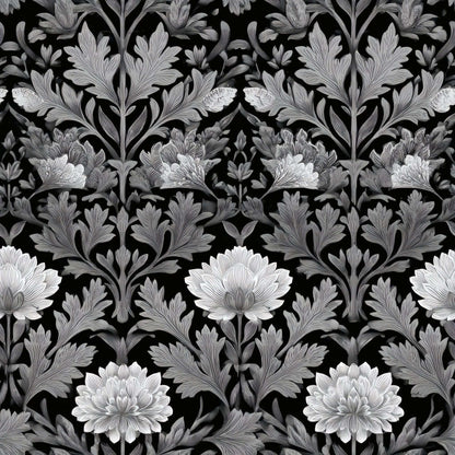 Monochrome floral wallpaper with intricate chrysanthemum patterns on a black background.