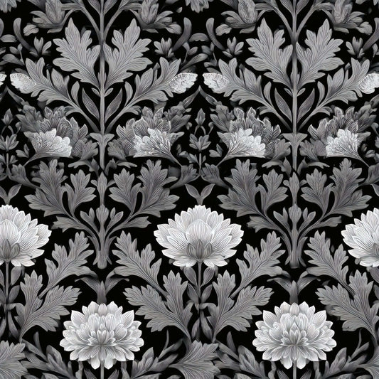 Monochrome floral wallpaper with intricate chrysanthemum patterns on a black background.