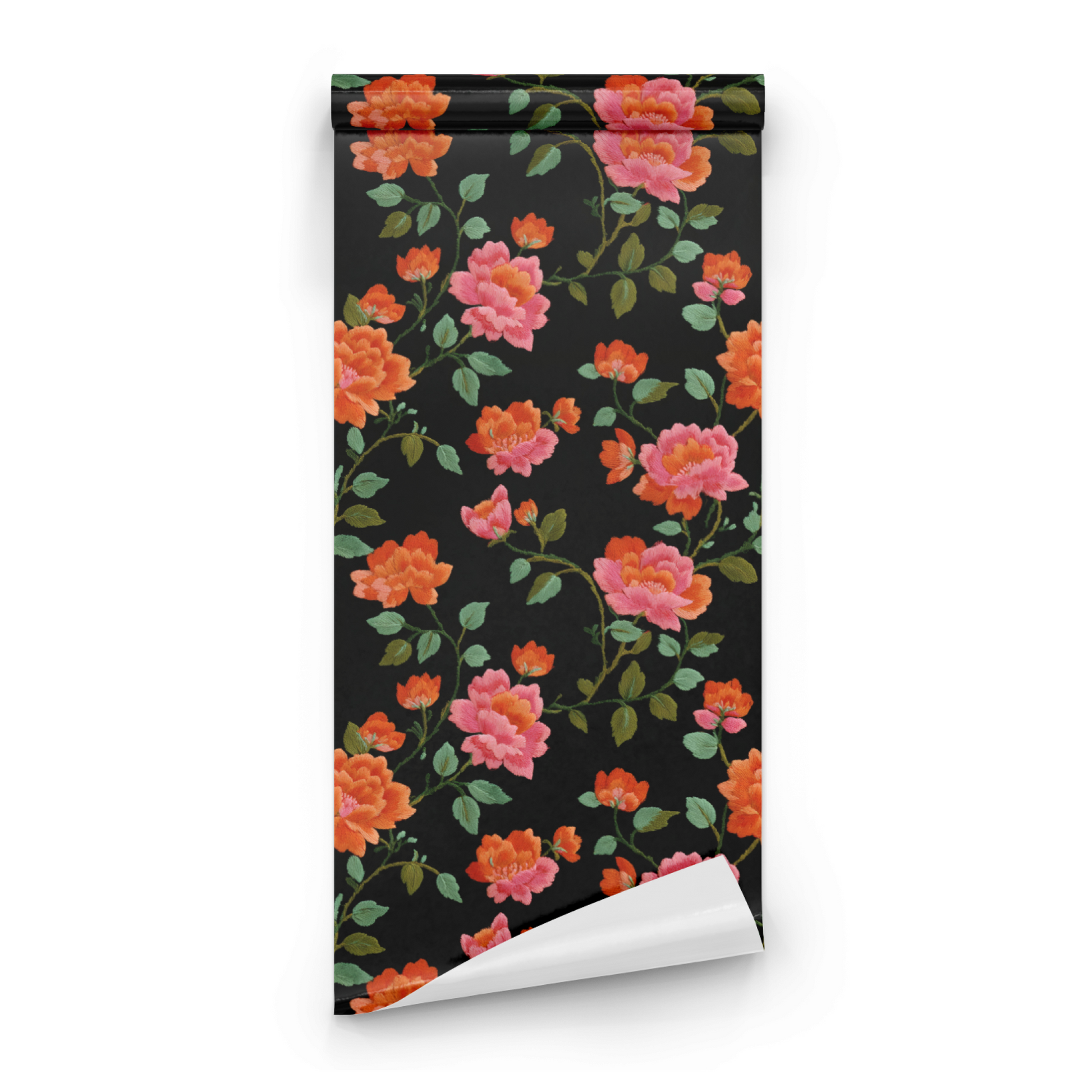 Black Floral Wallpaper roll close-up showing the peony flower drawing in crimson on the deep black moody floral ground